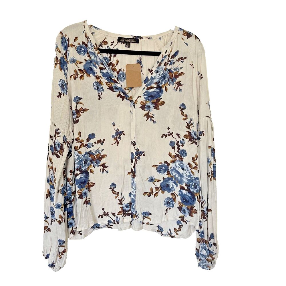 Petal Roz Rayon Boho Peasant Top Blue Floral Sz Med Botanical Garden Long Sleeve